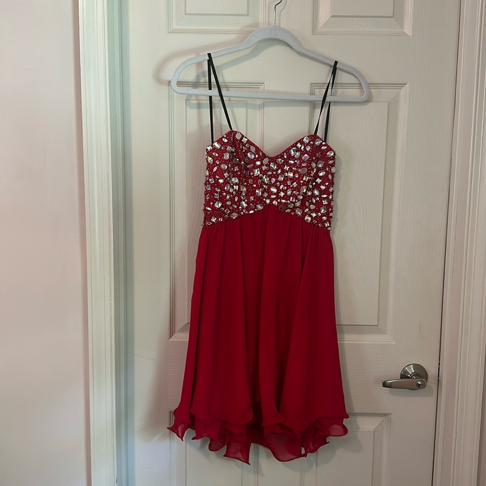 Red mini strapless formal dress with jewels. Size 7